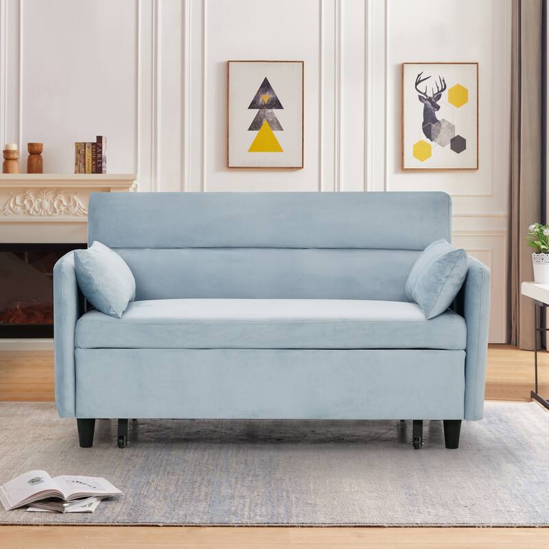 Sofa pullout bed includes two pillows 54 "light blue velvet sofa with